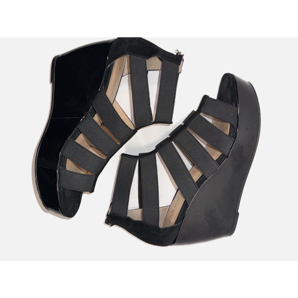 Sacha London Omega Wedge Strappy Sandal Elastic Black Patent Leather Classic 7.5 - Picture 14 of 14